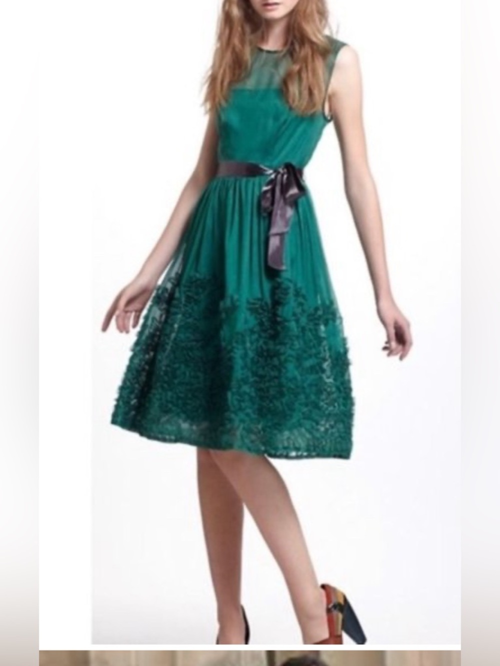 Tiny Caridad Emerald Green Sleeveless Lace A-Line Dress Anthropologie, size 2